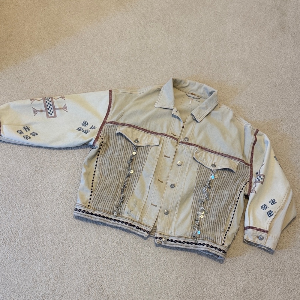 Free People Beige Embroidered Jean Jacket with Bead Trim